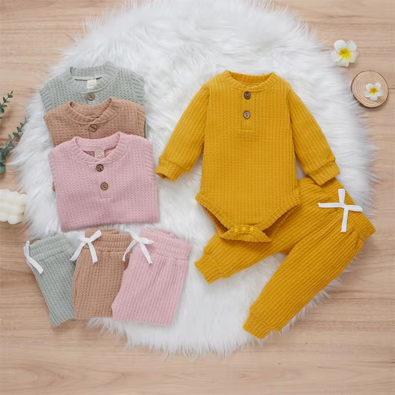 Solid Color Newborn Baby Knitted Warm 2Pcs Suit Toddler Girl Boy Long Sleeve Romper Tops Pants Fall Winter Homewear 2021